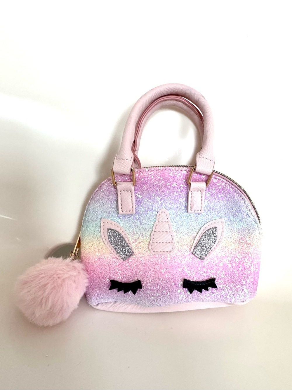 Girls Glitter Rainbow Unicorn Purse Mini Handbag Pom Pom Pastel Sparkle Cute - Picture 3 of 12